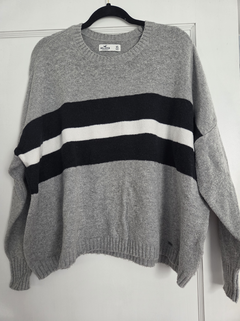 Hollister Gray Crew Sweater with Black & White Stripes